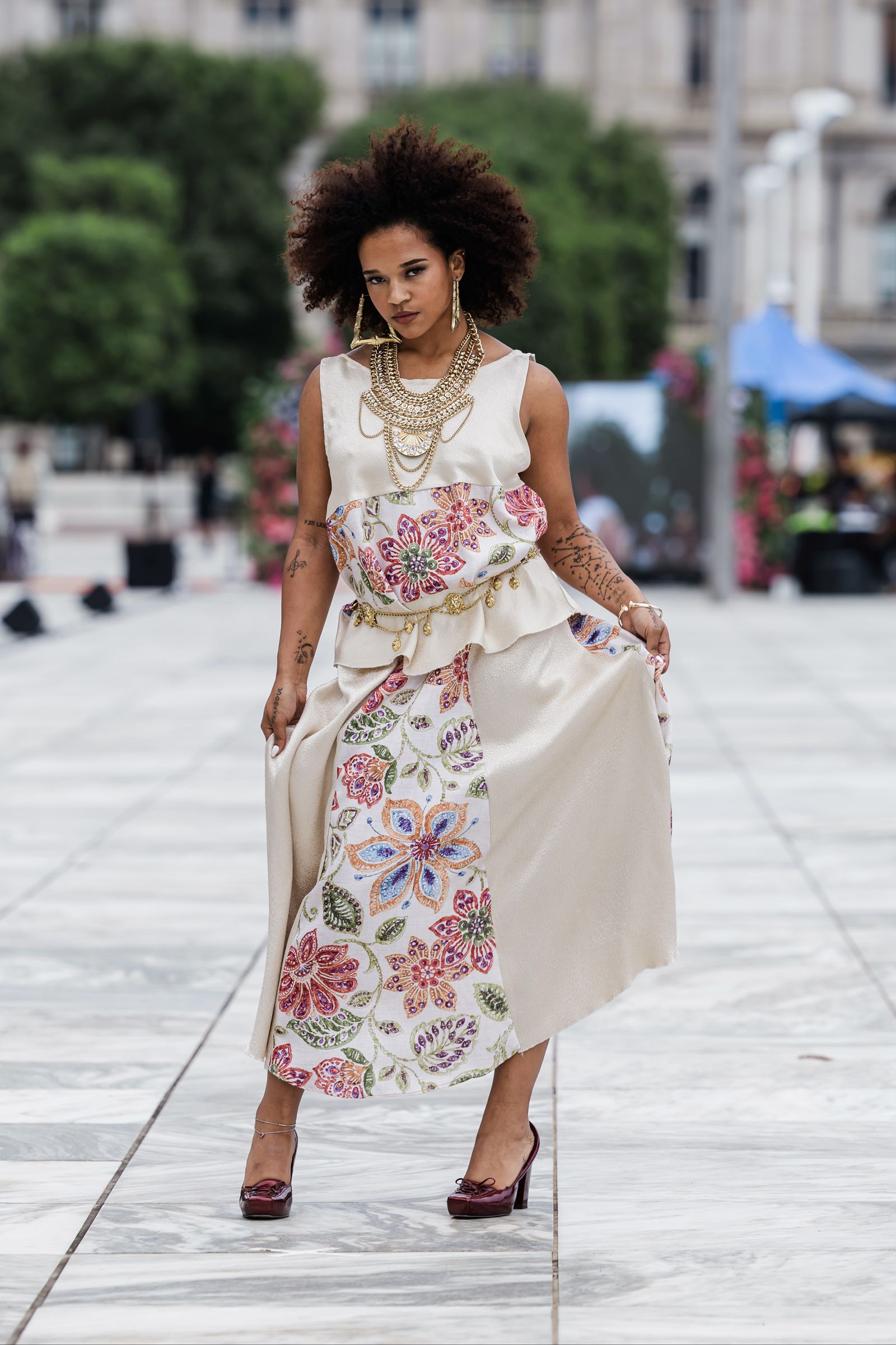 Floral Satin Panel Skirt worn